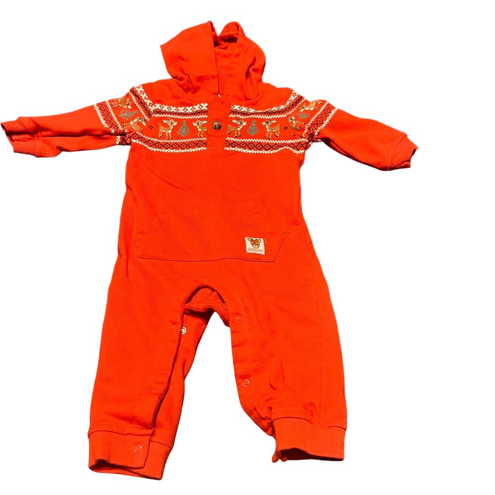 Rudolph Red Hooded Christmas Romper Baby 12M Reindeer Antlers Holiday Outfit